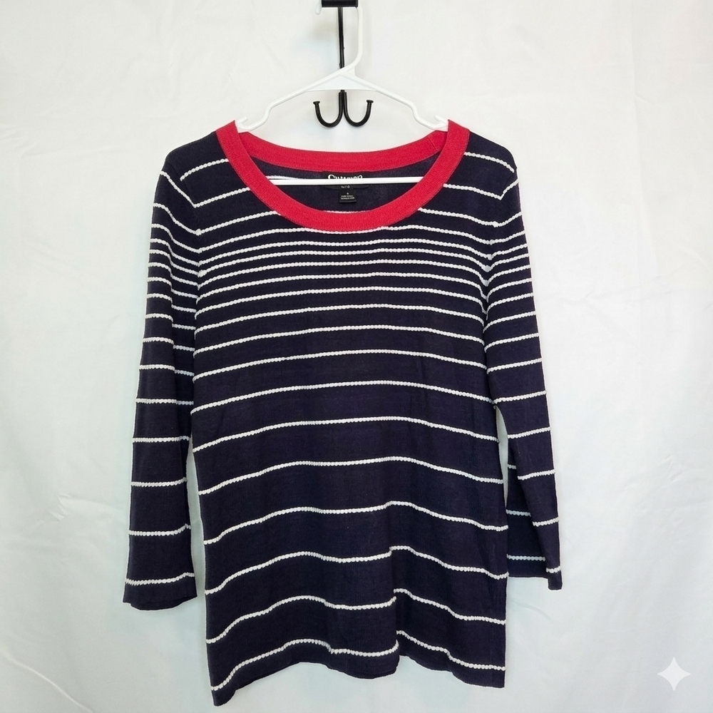 Striped Navy and White Crew Neck Sweater with Red Trim Women's Large #93